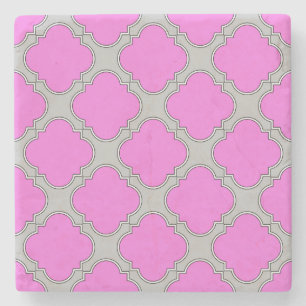 Quatrefoil pink and grey stone coaster