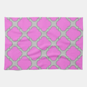 Quatrefoil pink and grey tea towel