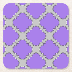 Quatrefoil purple and grey square paper coaster