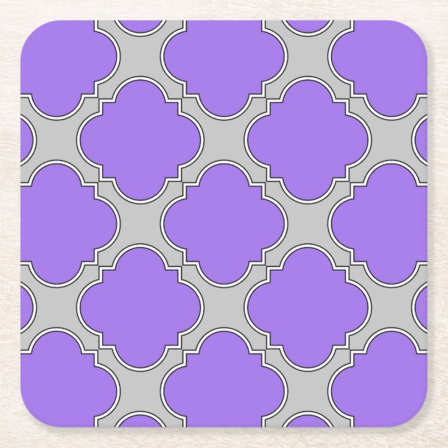 Quatrefoil purple and grey square paper coaster (Front)