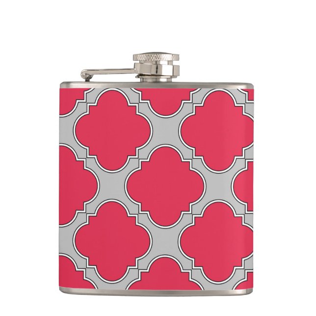 Quatrefoil red and grey hip flask (Front)
