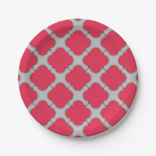Quatrefoil red and grey paper plate