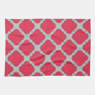 Quatrefoil red and grey tea towel