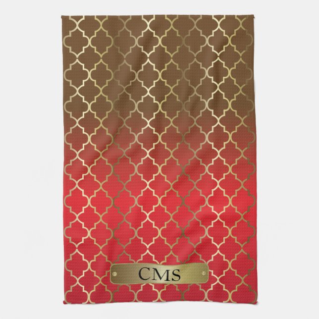 Quatrefoil Red & Brown Colour Blends Tea Towel (Vertical)