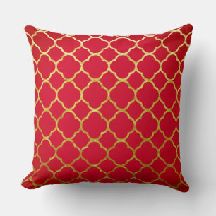Quatrefoil Red Gold Foil Lattice Patterns Sparkly Cushion