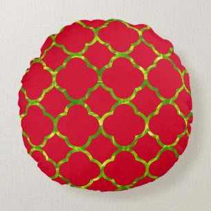 Quatrefoil Red Green Neon Colour Sparkly Christmas Round Cushion