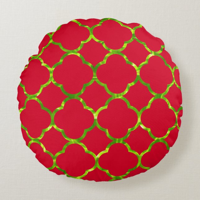 Quatrefoil Red Green Neon Colour Sparkly Christmas Round Cushion (Front)
