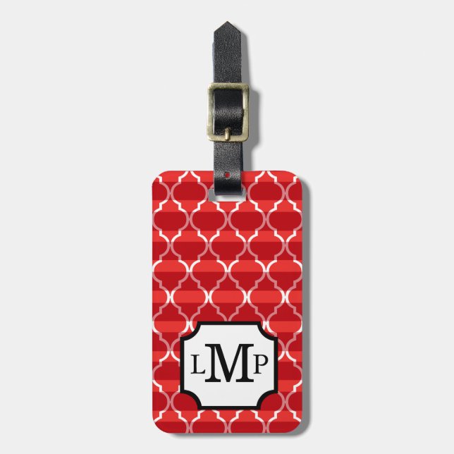Quatrefoil Shadow Stripes Monogram | red Luggage Tag (Front Vertical)