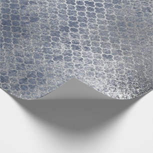 Quatrefoil Silver Glam Blue Distressed Silver Wrapping Paper