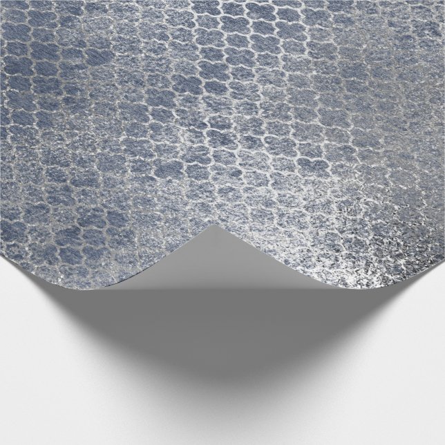 Quatrefoil Silver Glam Blue Distressed Silver Wrapping Paper (Corner)