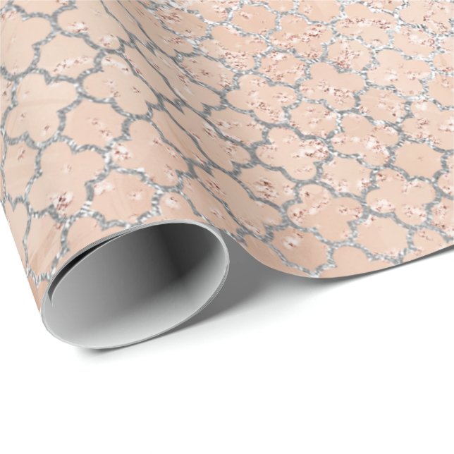 Quatrefoil Silver Glam Pink Rose Gold Peach Shiny Wrapping Paper (Roll Corner)