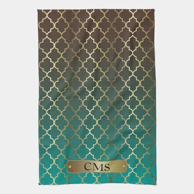 Quatrefoil Teal and Dark Brown Blend Tea Towel (Vertical)
