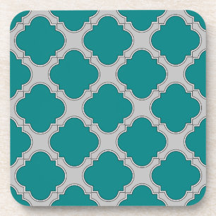 Quatrefoil teal and grey coaster
