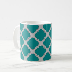 Quatrefoil teal and grey coffee mug