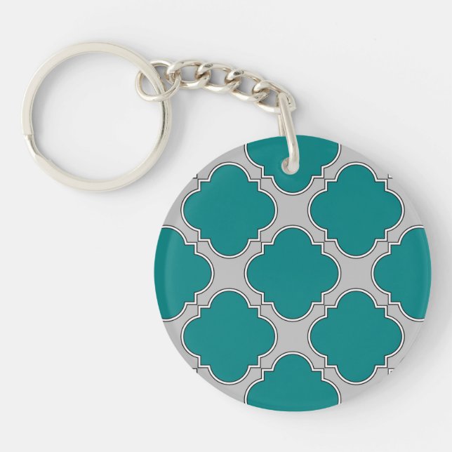 Quatrefoil teal and grey key ring (Front)