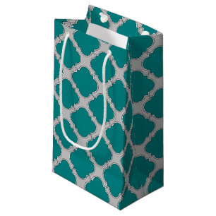 Quatrefoil teal and grey small gift bag