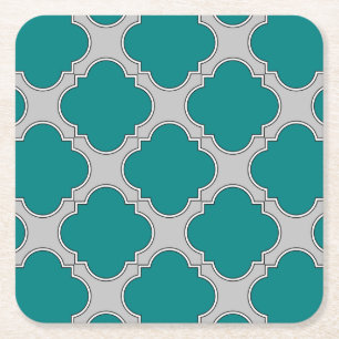 Quatrefoil teal and grey square paper coaster