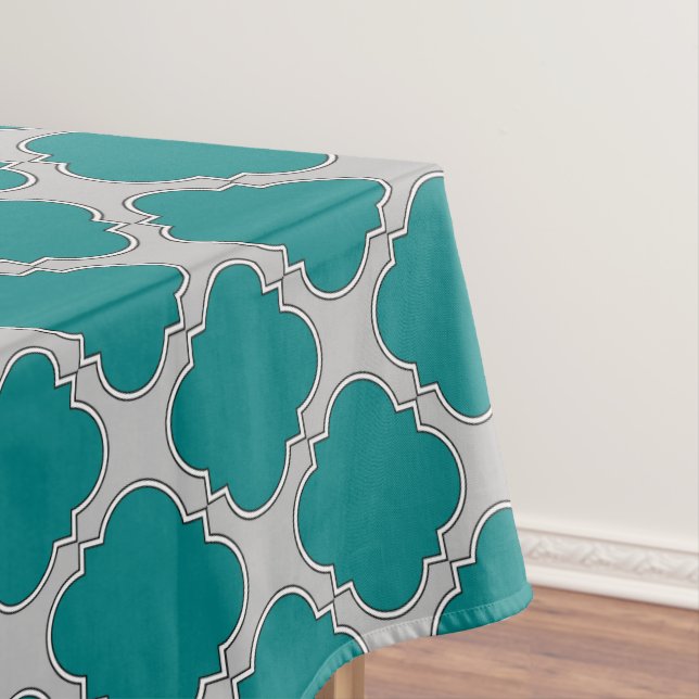 Quatrefoil teal and grey tablecloth (In Situ)