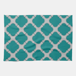 Quatrefoil teal and grey tea towel