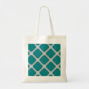 Quatrefoil teal and grey tote bag