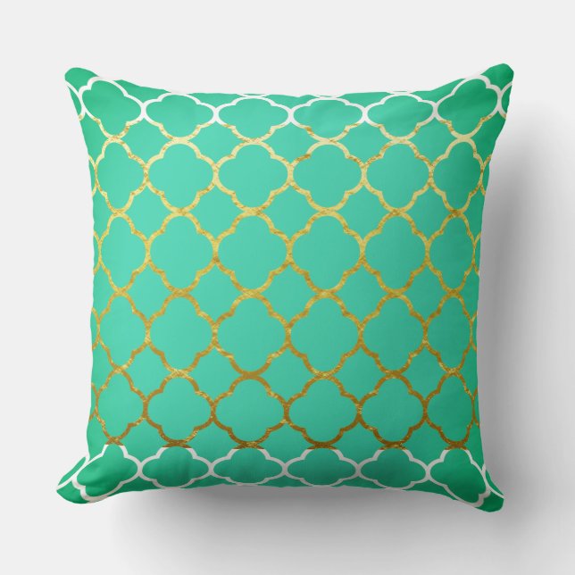 Quatrefoil Teal Blue Gold Seafoam Green White Cushion (Front)