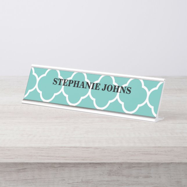 Quatrefoil Teal Blue White Name Text Template Cool Desk Name Plate (Front)