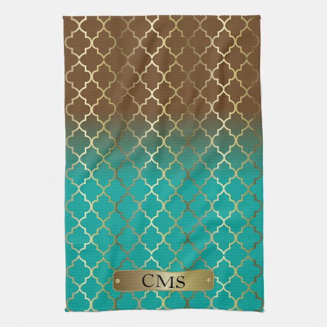 Quatrefoil Turquoise Blue & Brown Colour Blends Tea Towel (Vertical)