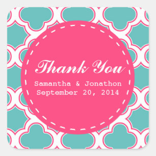 Quatrefoil Turquoise & Hot Pink Wedding Thank You Square Sticker