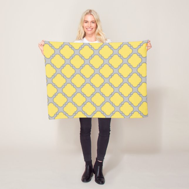 Quatrefoil yellow and grey fleece blanket (In Situ)