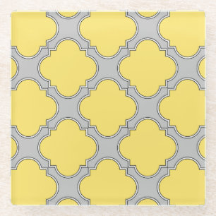 Quatrefoil yellow and grey glass coaster