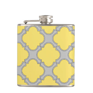 Quatrefoil yellow and grey hip flask