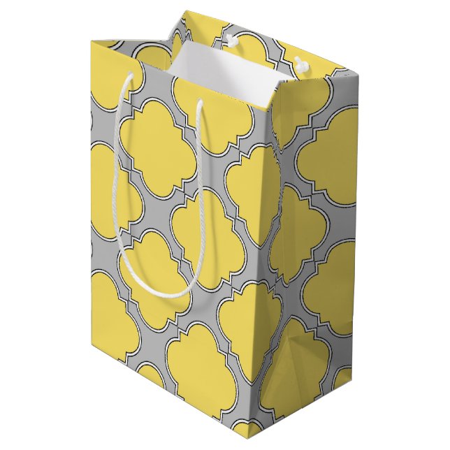 Quatrefoil yellow and grey medium gift bag (Back Angled)