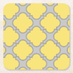 Quatrefoil yellow and grey square paper coaster