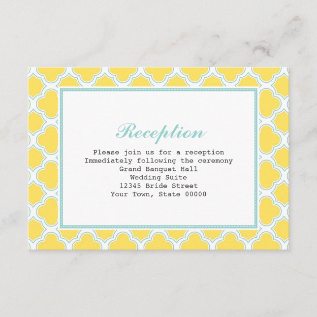 Quatrefoil Yellow & Turquoise Reception Info Card (Front)