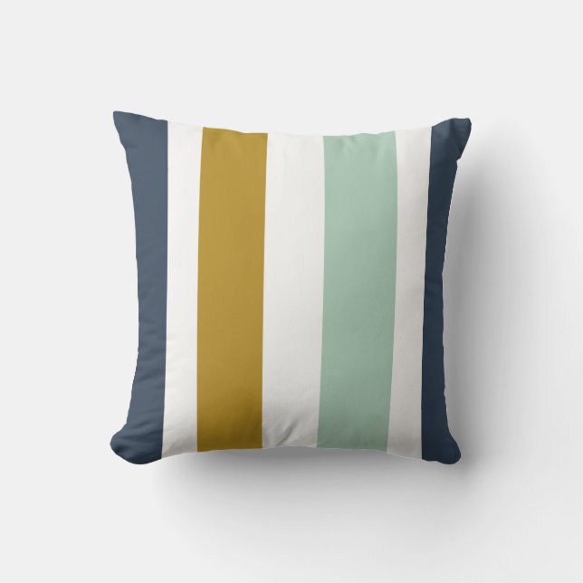 Quattro Stripe in Navy Blue, Celadon, Ochre, White Cushion (Front)
