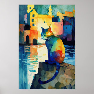 Quayside Cat: Sparkling Water and Vibrant Colors Poster