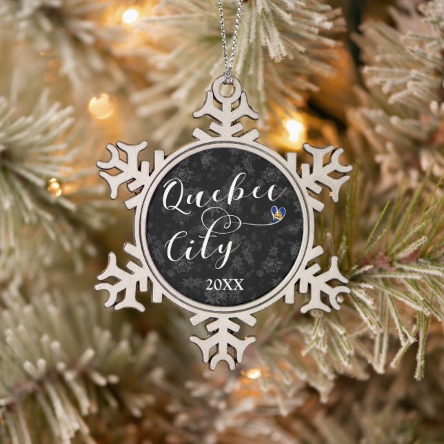 Quebec City Flag In Heart Snowflake Pewter Christmas Ornament (Tree)
