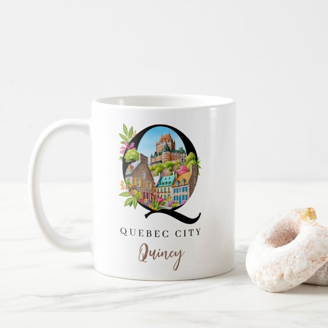Quebec City Monogram Letter Q Personalised Gift Coffee Mug (With Donut)