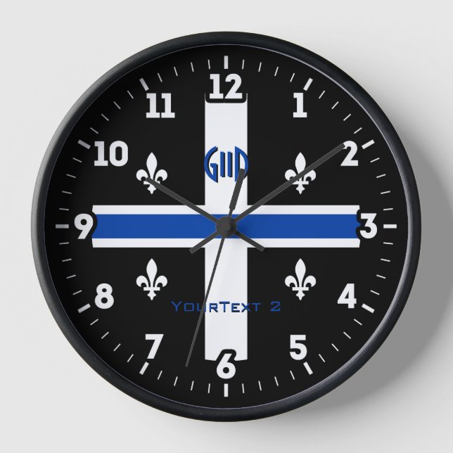 Quebec Flag Blue Line Fleur de Lys on a Clock (Front)