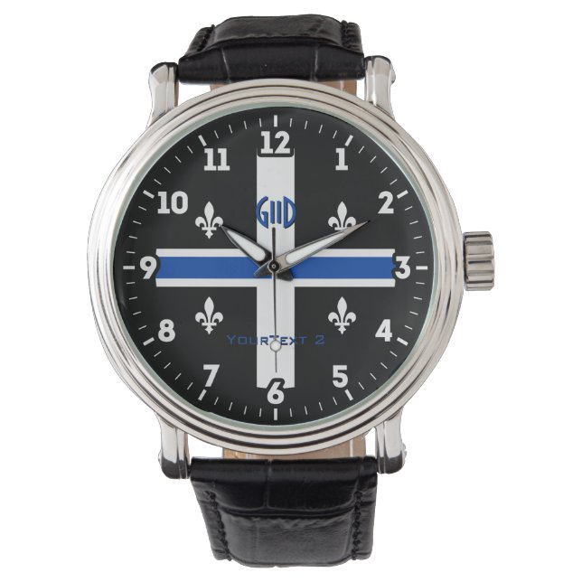 Quebec Flag Blue Line Fleur de Lys on a Watch (Front)