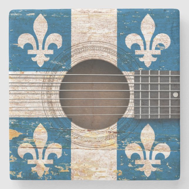 Quebec Flag on Old Acoustic Guitar Stone Coaster (Front)