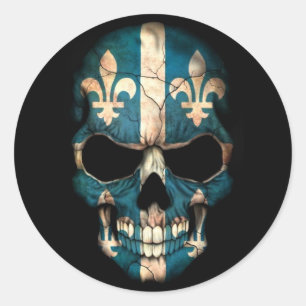 Quebec Flag Skull on Black Classic Round Sticker