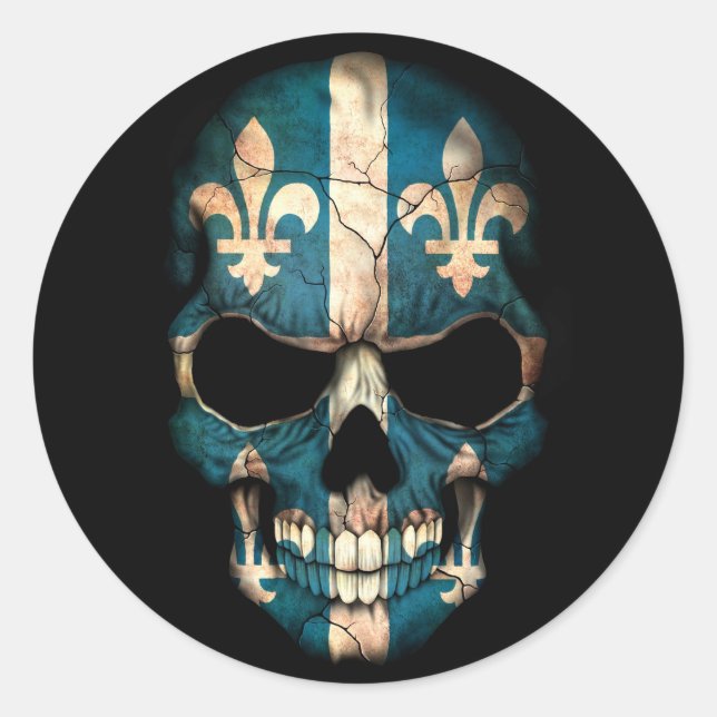 Quebec Flag Skull on Black Classic Round Sticker (Front)