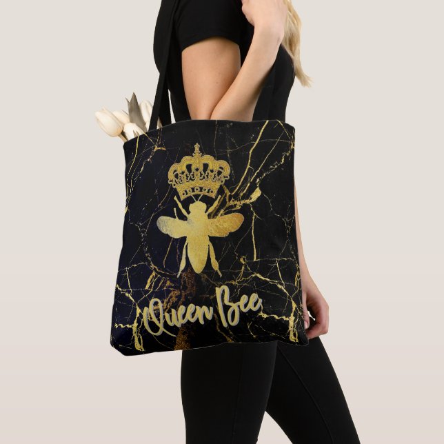 QUEEN BEE Black & Gold Marble TOTE Bag (Close Up)