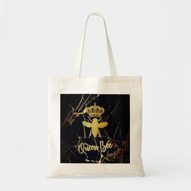 QUEEN BEE Black & Gold Marble TOTE BAG (Front)