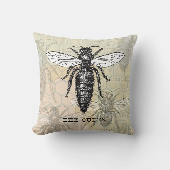 Queen Bee Bug Insect Antique Illustration Cushion (Front)