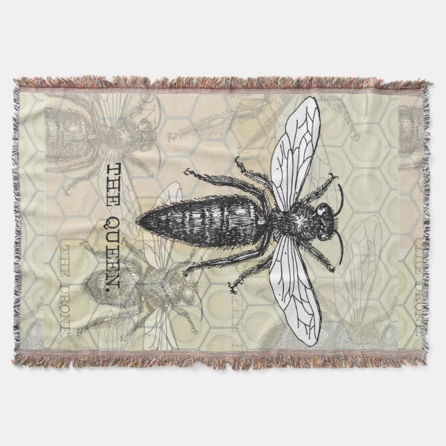 Queen Bee Bug Insect Antique Illustration Throw Blanket (Front)