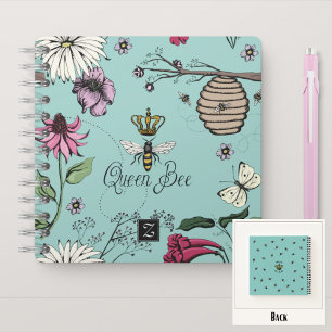 Queen Bee & Crown Turquoise Floral Monogram Notebook