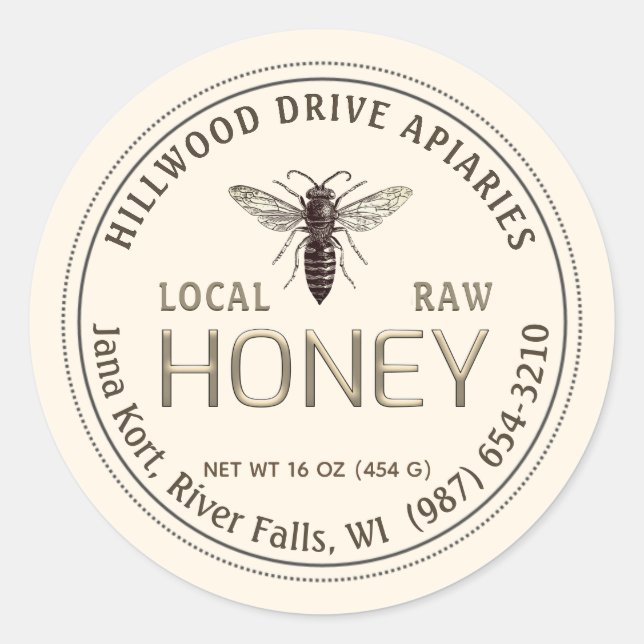 Queen Bee Editable Honey Jar Label Raw Local  (Front)