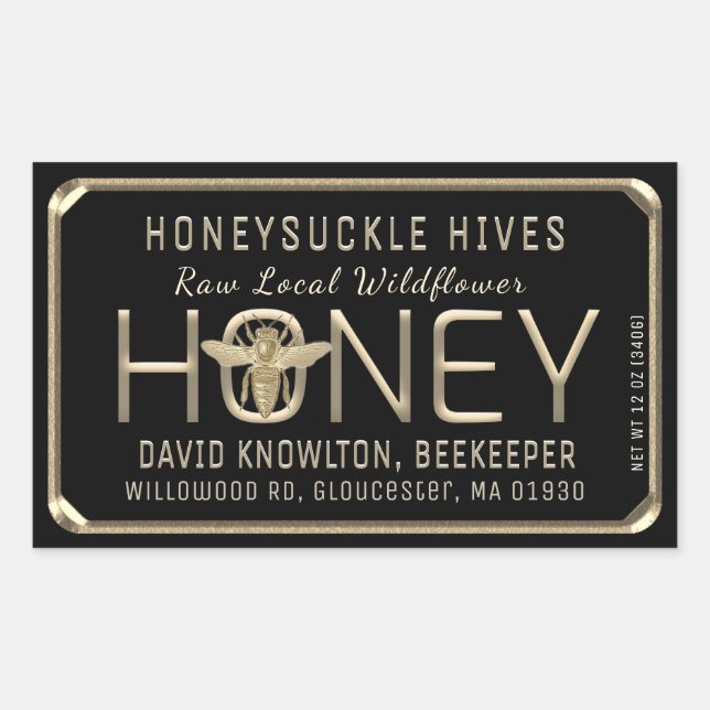 Queen Bee Embossed Text and Frame Raw Local Honey  Rectangular Sticker (Front)